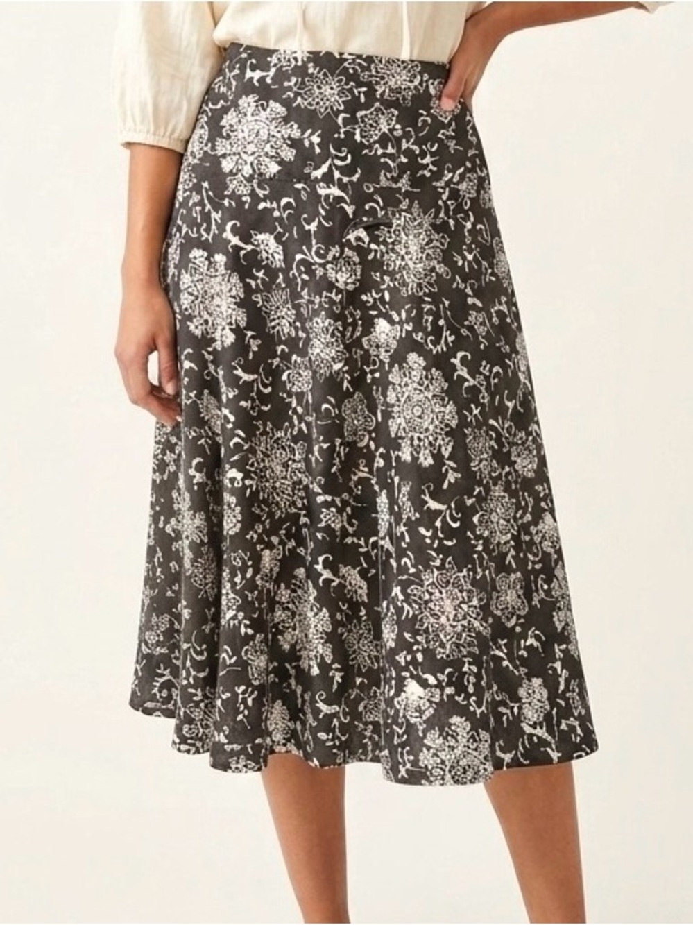 GAP 100% Linen Floral Midi Skirt Black Ivory Botanical A-Line Boho Size 4